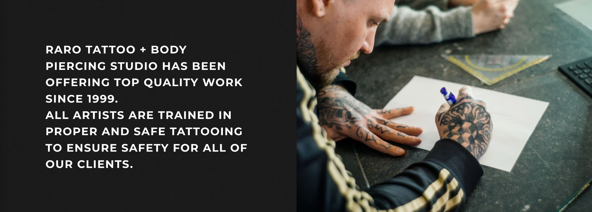 Tattoo artist preparing a custom design at Raro Tattoo